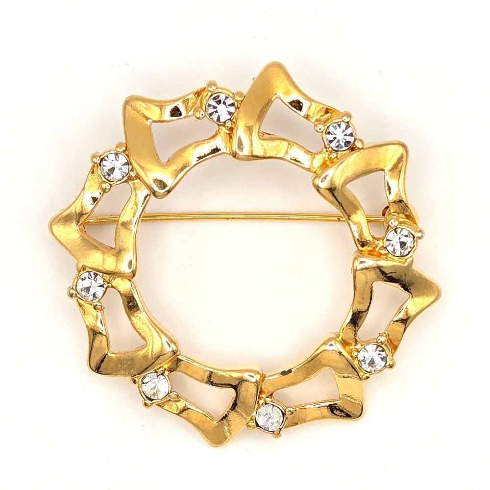 MONET Gold Tone Starburst Wreath Vintage Brooch Pin‎ Clear Rhinestones Vintage